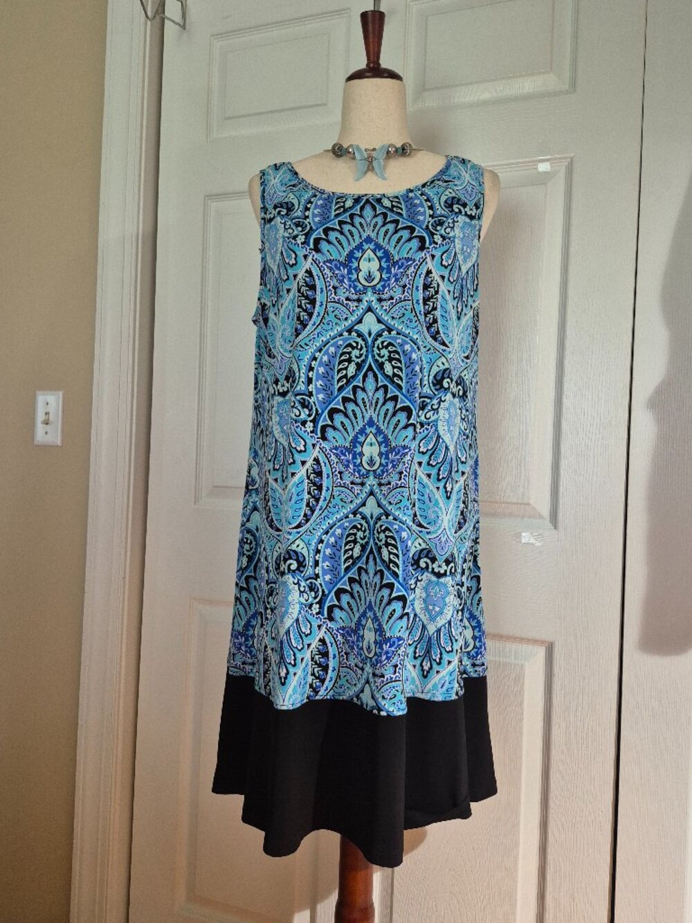 Pretty Blue Paisley Boho Print Sleeveless Shift Dress sz XL Lightweight Summer